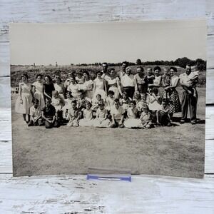 Vintage 1950s Large Family Group Photo Black & White Outdoor Portrait Snapshot